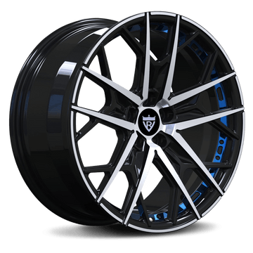 Custom 1 Piece Forged Wheel RV-MF142 with black and blue finish, perfect for various luxury vehicles.